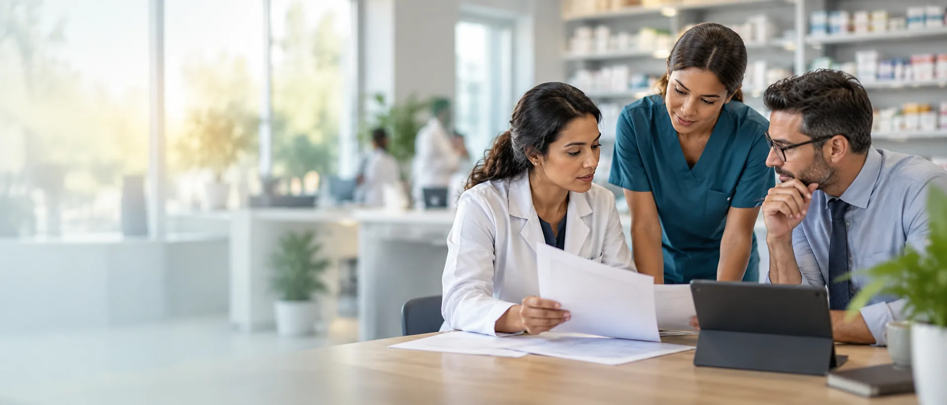 Healthcare professionals reviewing program information together